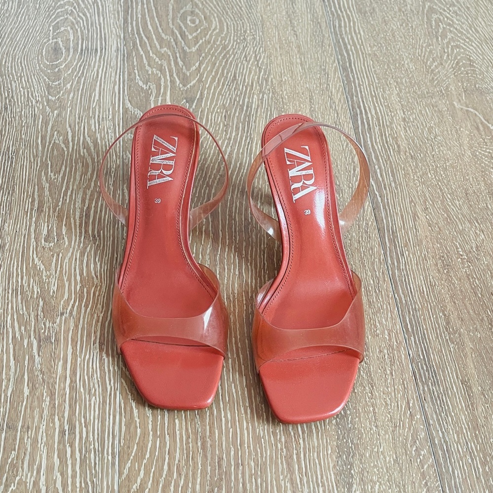 Zara Dark Pink Clear Slingback Low Heel Sandal Size 8.5/39